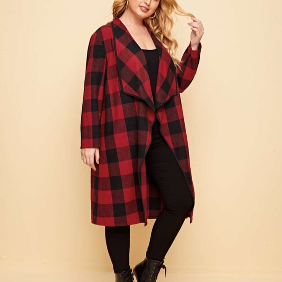PLUS buffalo plaid open front trench pea coat fall - Picture 2 of 4